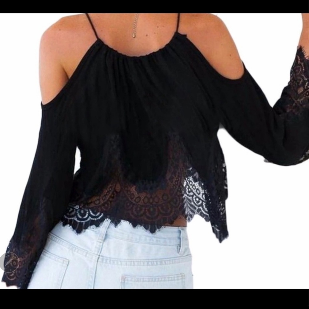 SALE🎊🎉 NEW Shear Chiffon Black Lace Crop Top - Picture 8 of 8